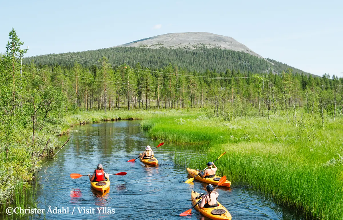 People kayaking in Ylläs, Lapland on a peaceful summer river surrounded by green nature and fell landscapes